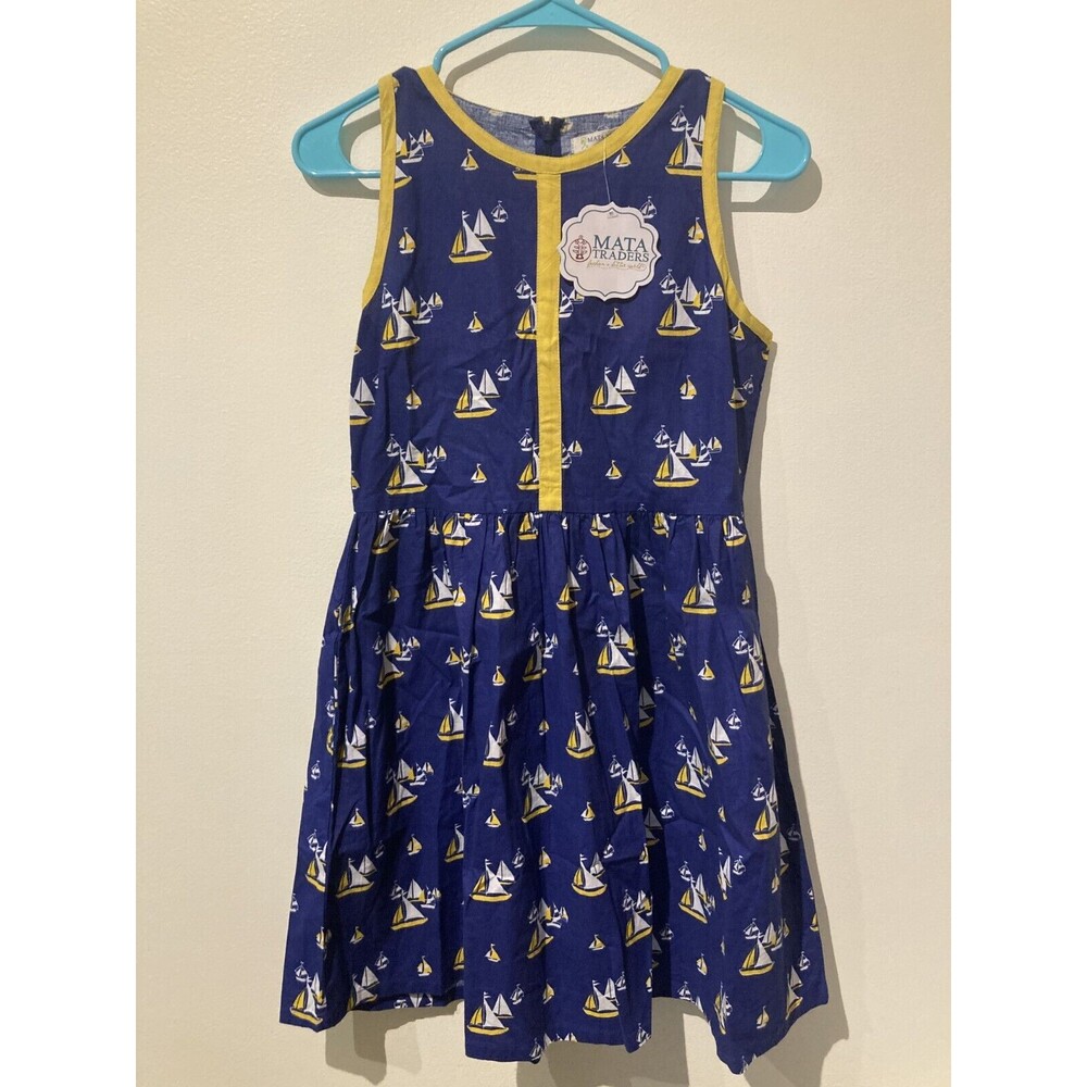 Mata Traders Blue Nautical Sailboat Midi Dress with Yellow Trim
